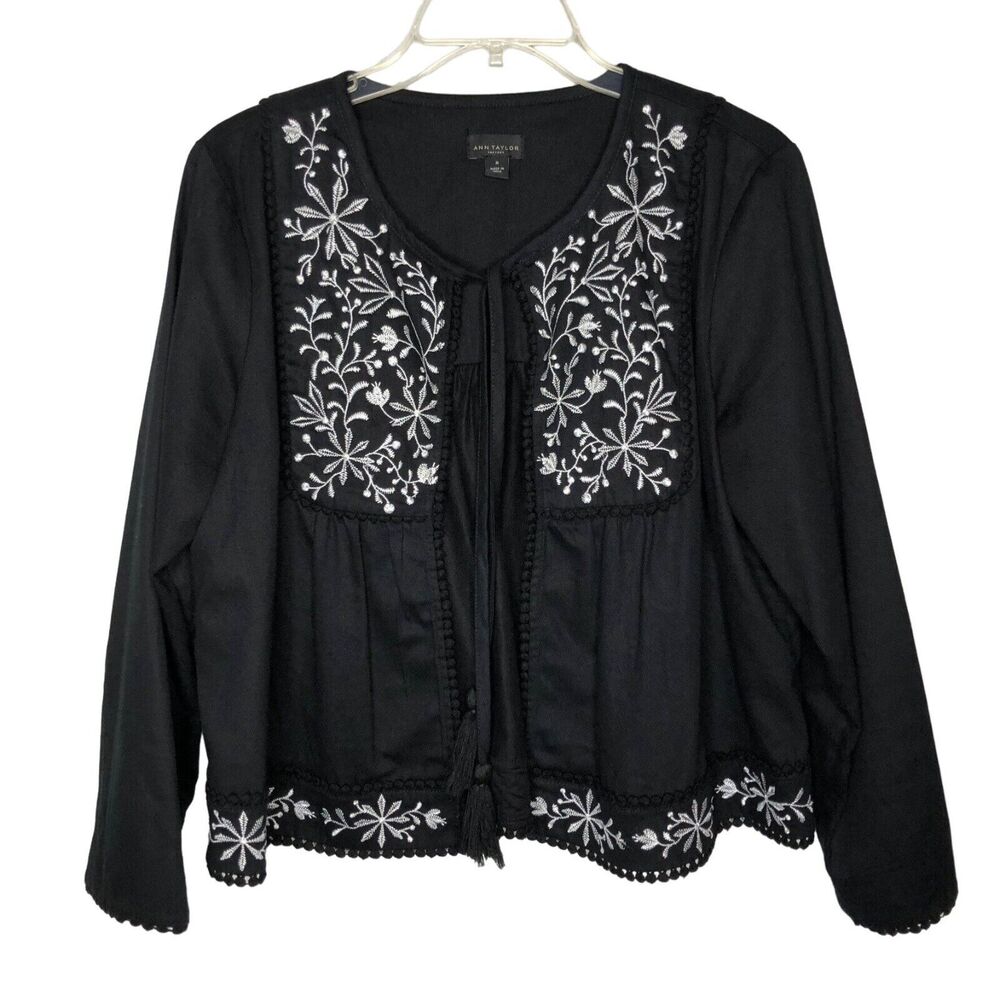 Ann Taylor Wms Med Floral Embroidered Lightweight Black Jacket Boho Open Front